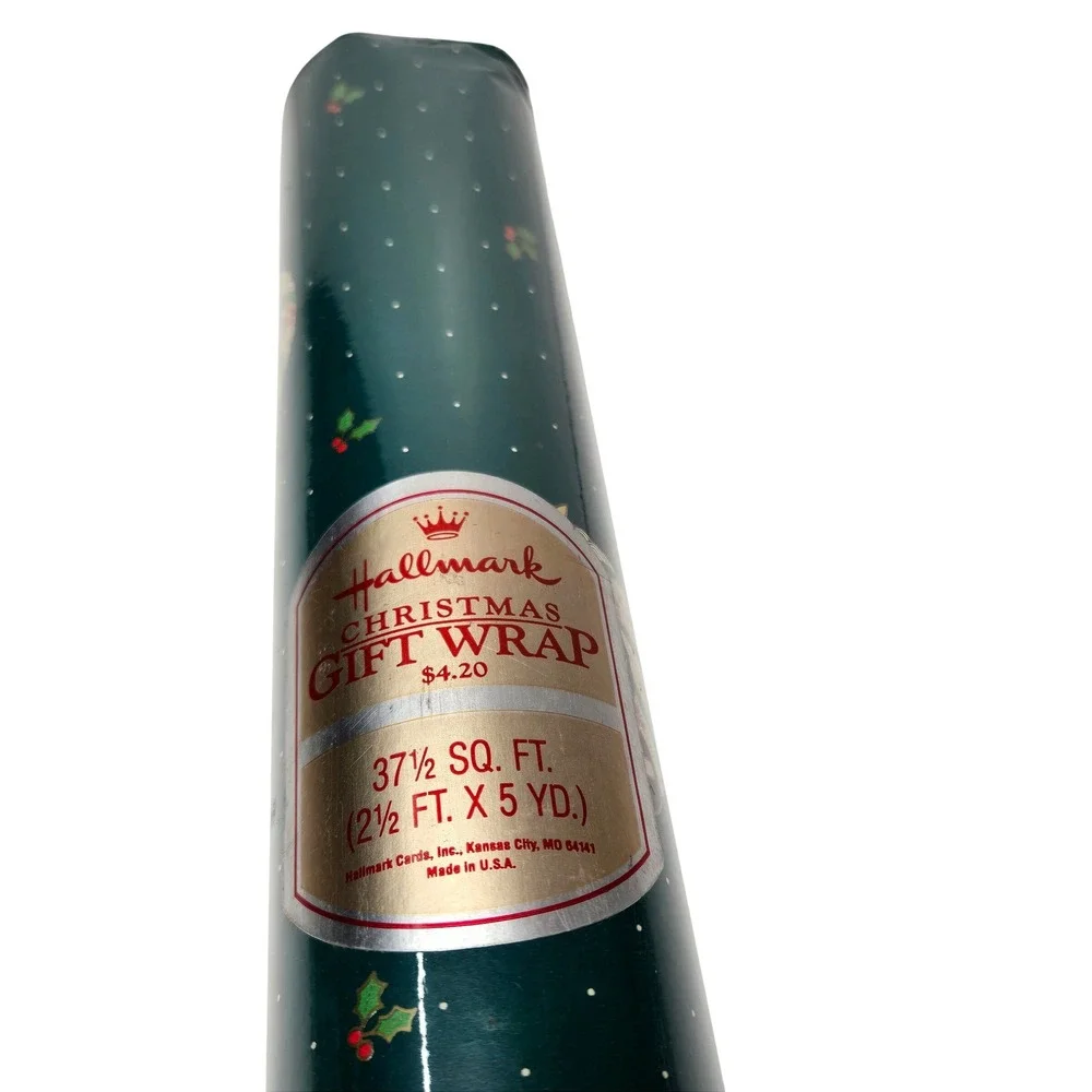 Hallmark Vintage Christmas Gift Wrap 37.5 Sq Ft Green Goose Wreath Holiday Paper